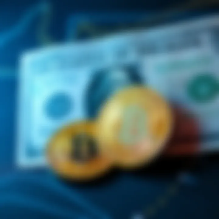 A dollar bill placed next to a Bitcoin symbol, representing small investments in cryptocurrency.