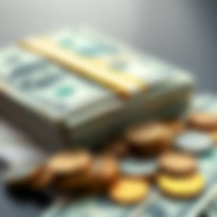 A stack of dollar bills next to a few coins, highlighting financial growth.