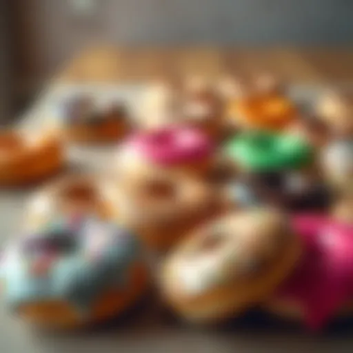 A variety of colorful donuts arranged on a table, inviting people to join the discussion about them.
