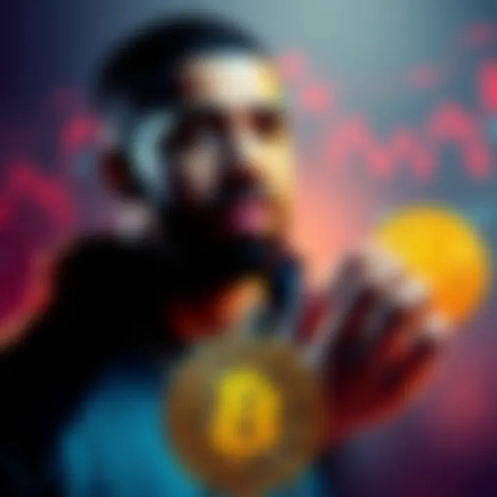 Drake standing next to a graphic representation of Bitcoin symbols and price charts, showing his connection to cryptocurrency.