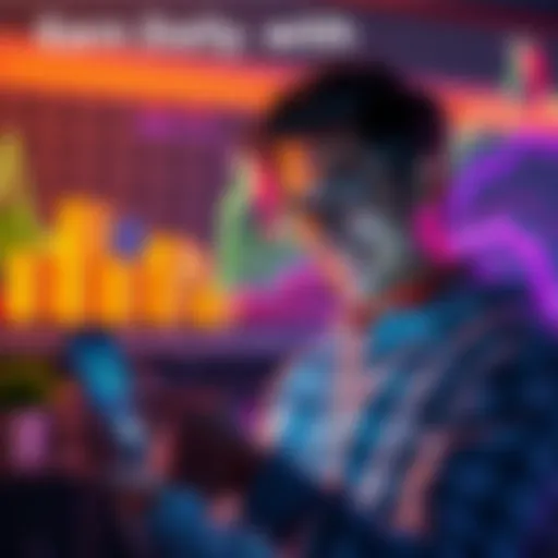 A person happily checking their crypto earnings on a smartphone, with coins and a chart in the background, representing daily staking rewards.