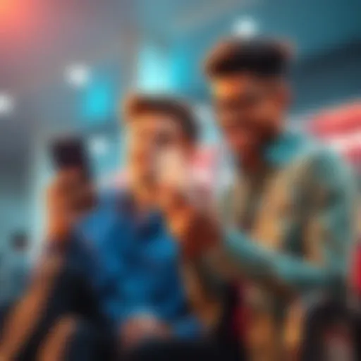 Two people sharing a referral code on their smartphones, both looking excited about earning money.