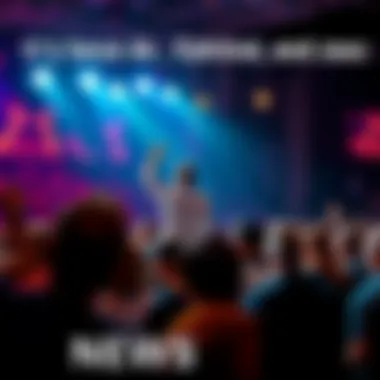 Performer Ehrlich on stage with a microphone, surrounded by an engaged audience, some fans showing signs of discontent