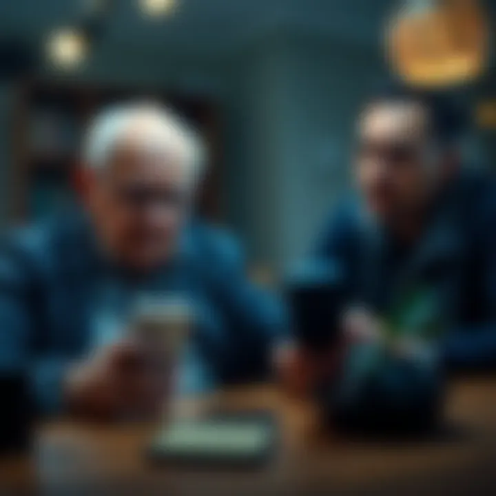 An 83-year-old man sits at a table with a worried expression, holding a smartphone displaying Bitcoin prices, while a younger man beside him looks concerned, illustrating skepticism towards cryptocurrency.