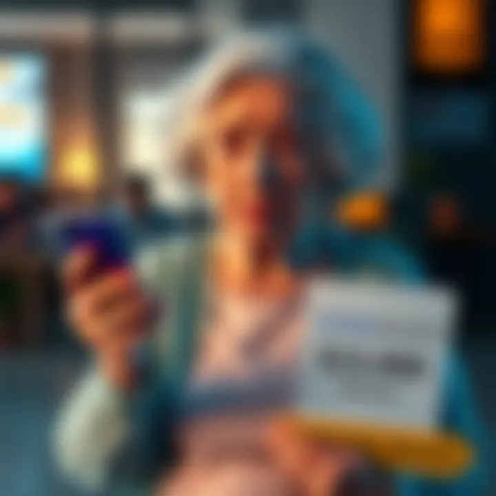 An elderly woman looking worried, holding a smartphone and a document about Coinbase. A sign reads '$15,000 Reward for Help'.