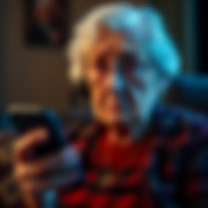 An elderly widow looking distressed while holding a phone, symbolizing the emotional impact of a romance scam