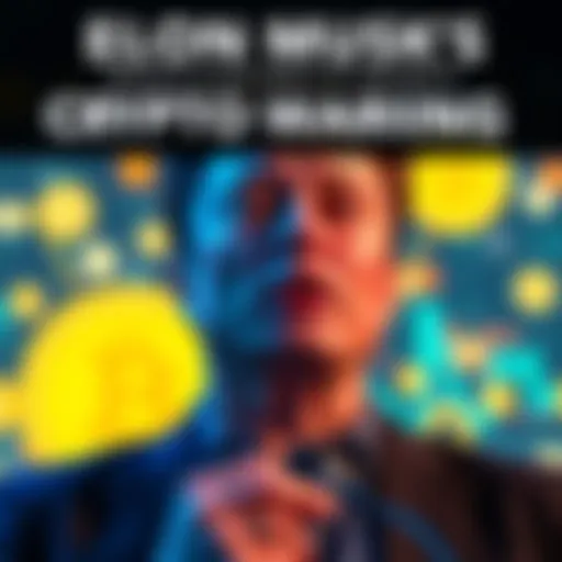 Elon Musk speaks at a conference about cryptocurrency concerns, with a backdrop of digital currency graphics.