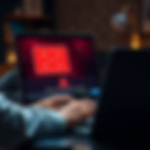 A person looking at a suspicious email on a laptop indicating a scam alert.