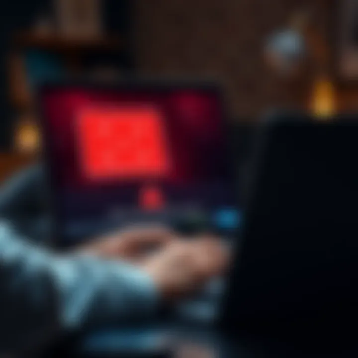 A person looking at a suspicious email on a laptop indicating a scam alert.
