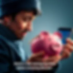 A person holding a piggy bank with a worried expression while looking at a Bitcoin chart on a phone, symbolizing the need for savings before investing.