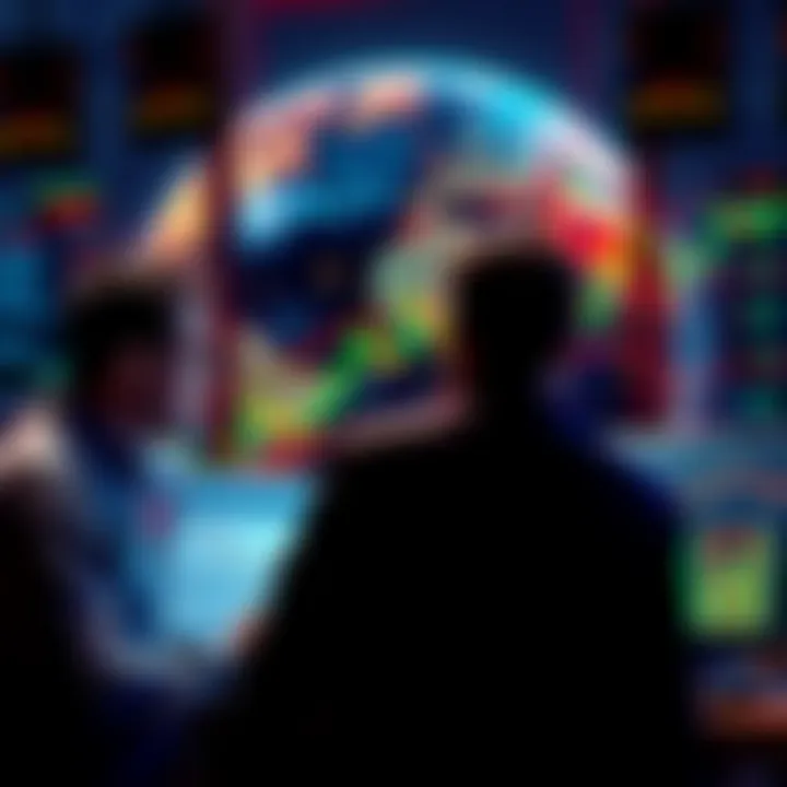 Investors analyzing graphs and charts of emerging markets with a globe in the background