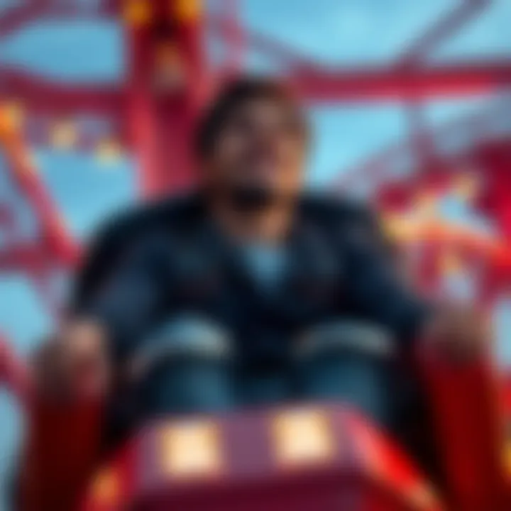 A person sitting on a rollercoaster, showing a mix of happiness and frustration, symbolizing emotional fluctuations throughout the day.