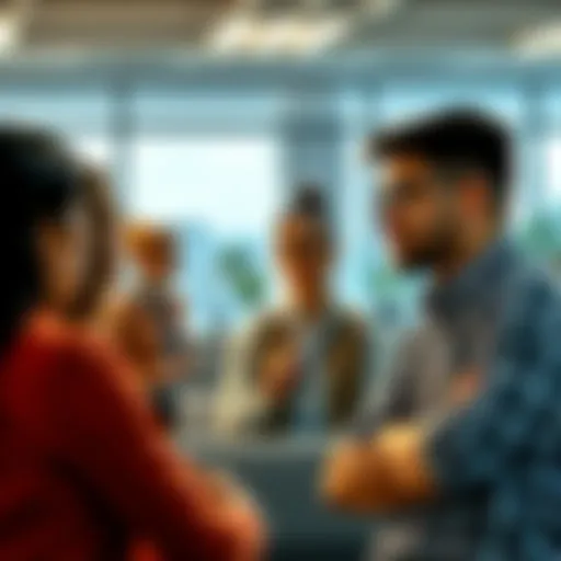A group of employees in an office having a conversation about workplace trends and expectations, with a concerned expression on one person's face.