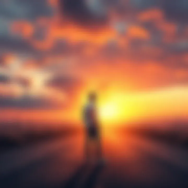 A person standing alone on a path, looking back with a thoughtful expression as the sun sets behind them, symbolizing closure and new beginnings.