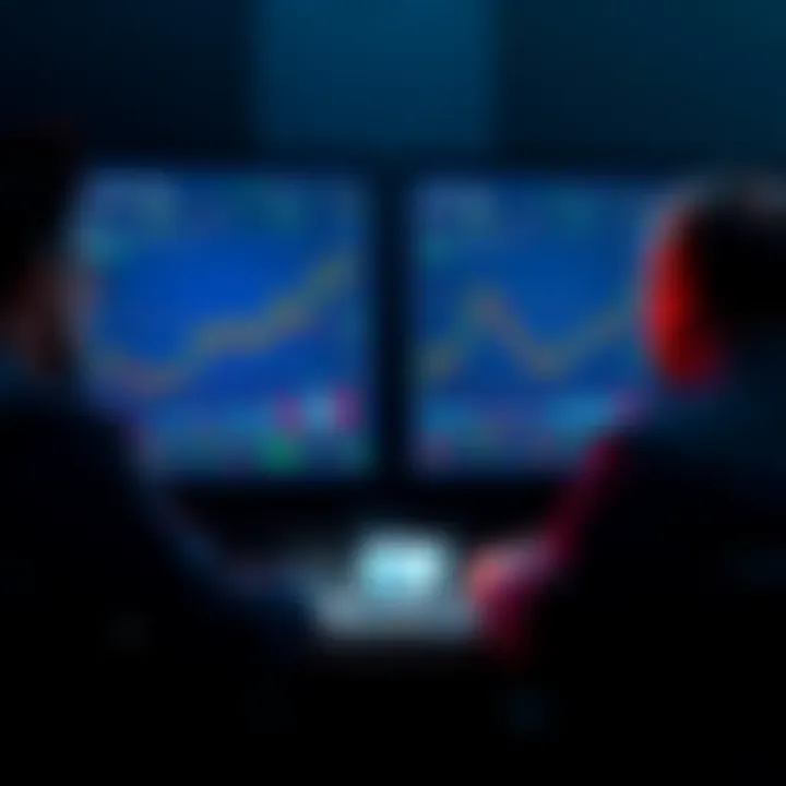A group of ETH traders looking at market charts showing a golden cross, indicating upward momentum, while discussing their strategies.