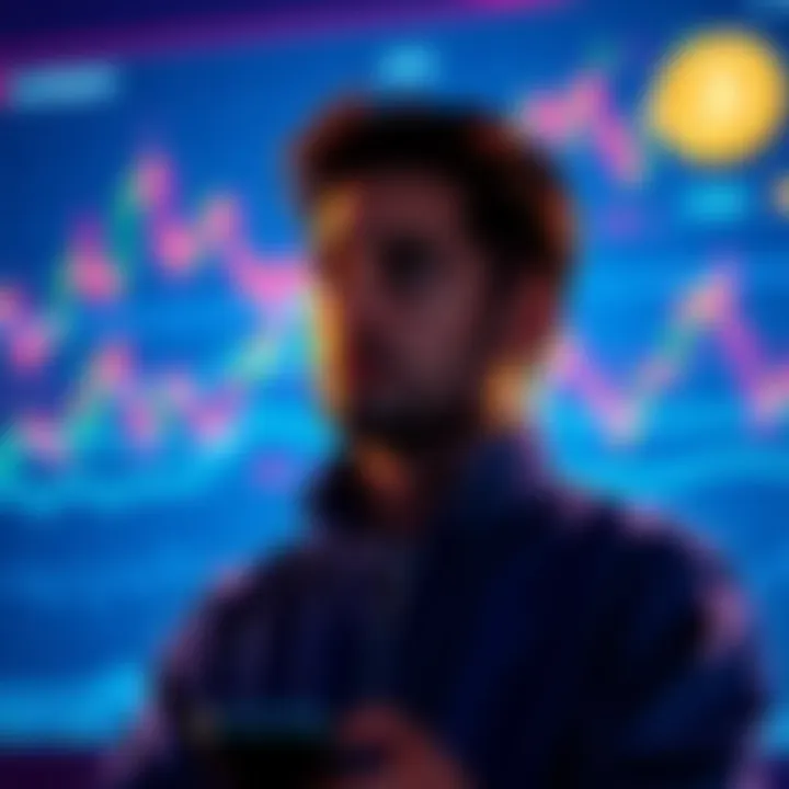 A person looking at crypto charts, contemplating switching from Ethereum to Dogecoin, with digital currency symbols in the background.
