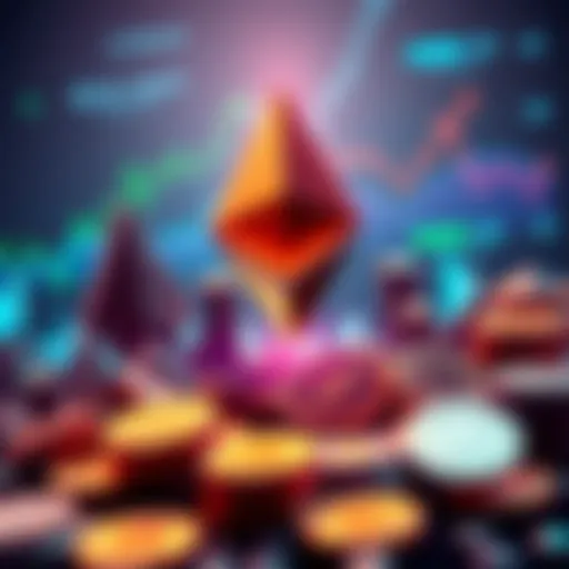 A graphic representation of Ethereum's upward trend with digital tokens and charts indicating growth in the crypto market