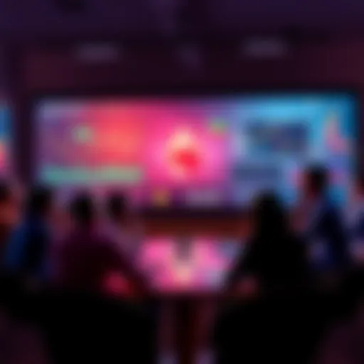 A group of people discussing Ethereum topics with charts and news on a digital screen