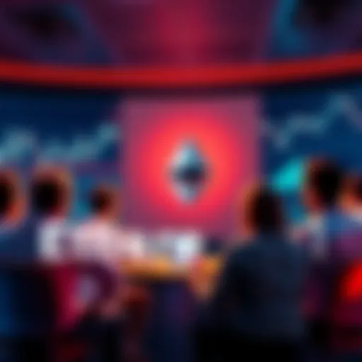 A group of people engaging in a discussion about Ethereum, with charts and graphs in the background showing price changes and market trends.