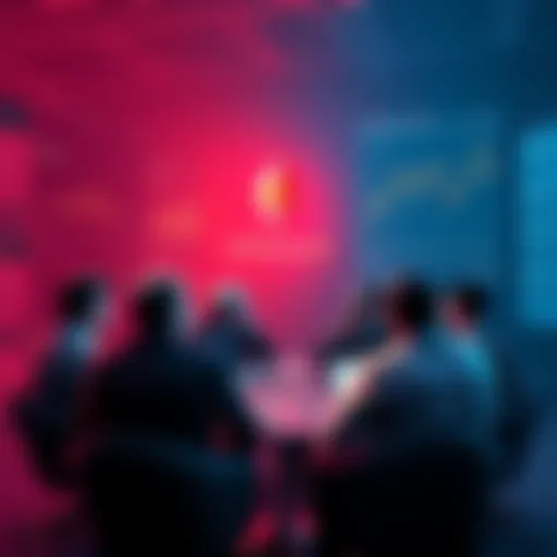 A group of people engaging in a discussion about Ethereum, with charts and news articles in the background.