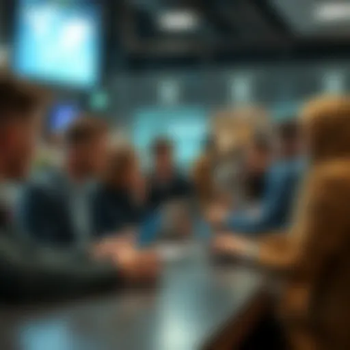 A group of people discussing Ethereum topics with laptops and smartphones in a casual setting