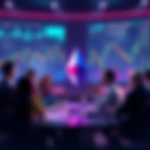 A group of people engaging in a discussion about Ethereum, with charts and graphics showing price updates and news in the background.
