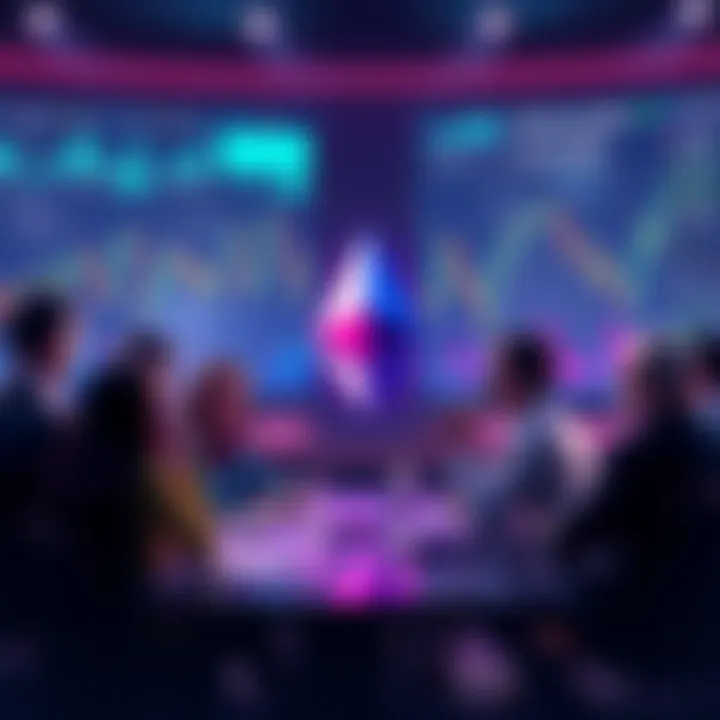 A group of people engaging in a discussion about Ethereum, with charts and graphics showing price updates and news in the background.