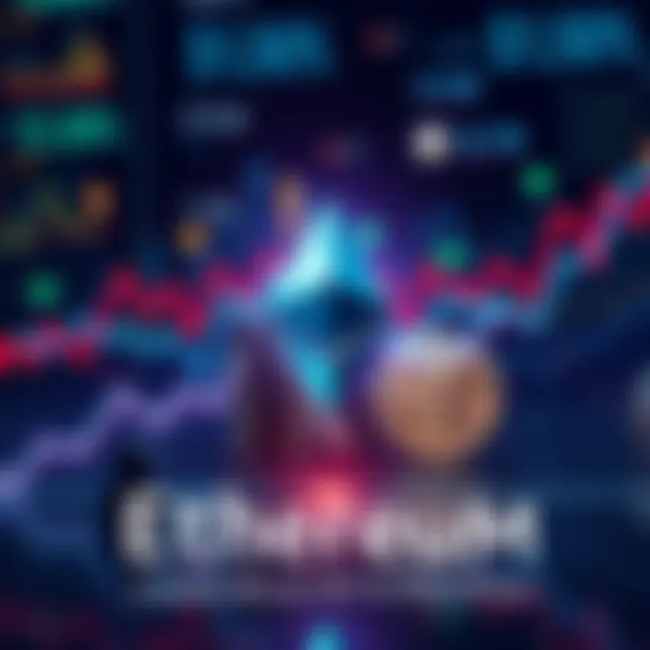 A graph showing Ethereum's rising popularity over Bitcoin with financial symbols and digital currency imagery in the background