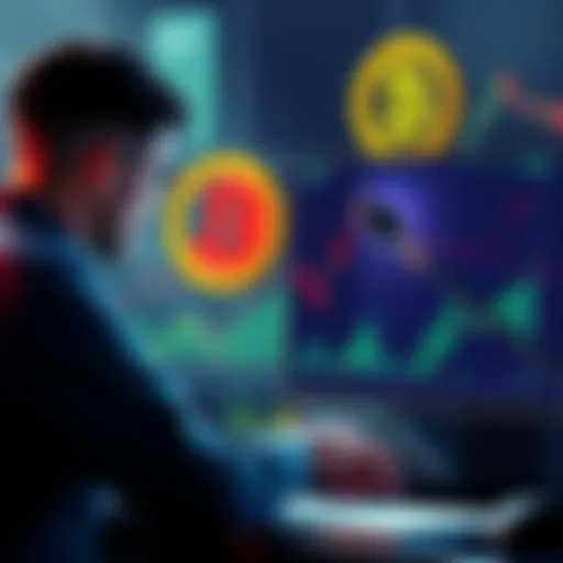 A graphic showing a trader analyzing charts for Ethereum and Bitcoin price projections with upward trends.