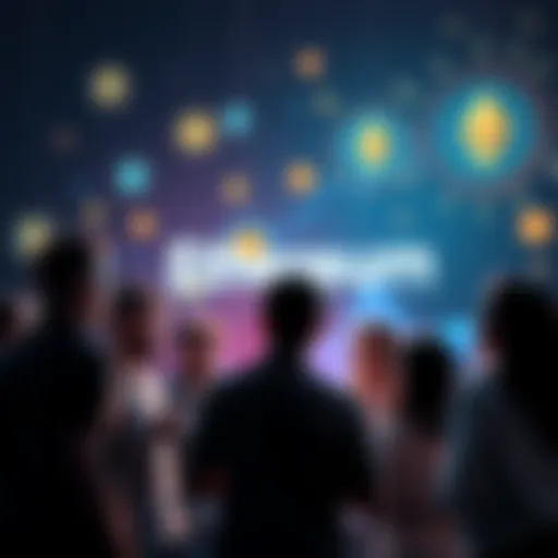 A group of people engaged in discussion about Ethereum, sharing ideas and insights with a backdrop of digital cryptocurrency symbols.