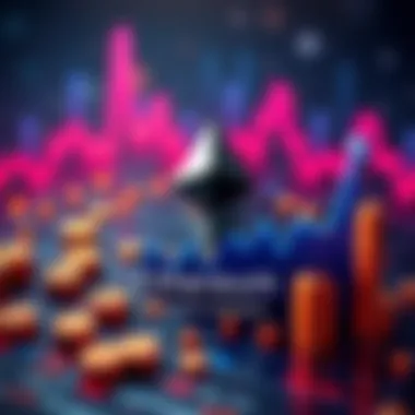 A visual representation of the Ethereum logo with digital currency symbols and a graph showing upward trends.