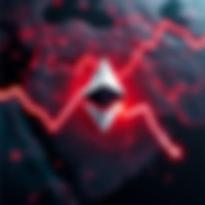 Ethereum logo with a downward trend line and a backdrop of the Middle East map