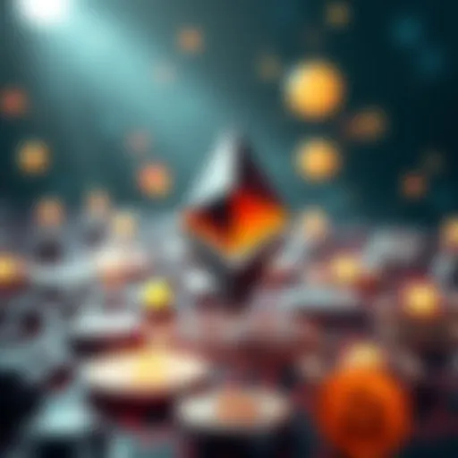Ethereum logo surrounded by icons representing DeFi, DAOs, and blockchain technology