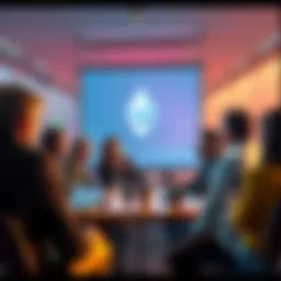 People engaging in a lively discussion about Ethereum topics with charts and news articles on display