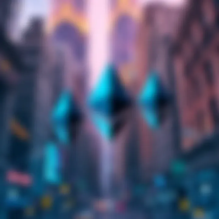 A digital representation of Ethereum logos with Wall Street buildings in the background, symbolizing its role in financial transactions.