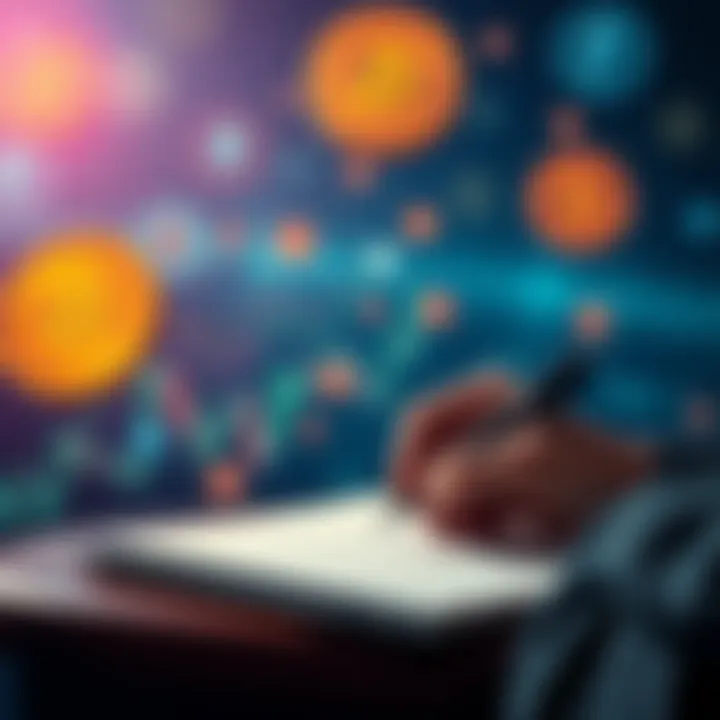 A person writing a note about Ethereum with crypto symbols in the background