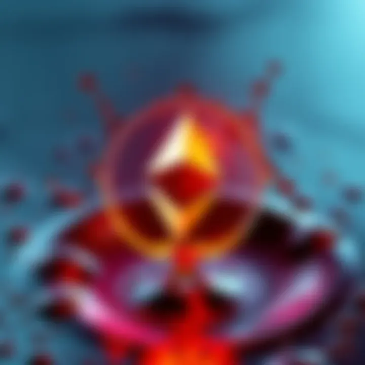 A digital representation of the Ethereum logo with oil droplets surrounding it, symbolizing the comparison between Ethereum and oil.