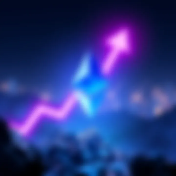 A graphic showing Ethereum's logo with an upward arrow symbolizing a rise to $10K.