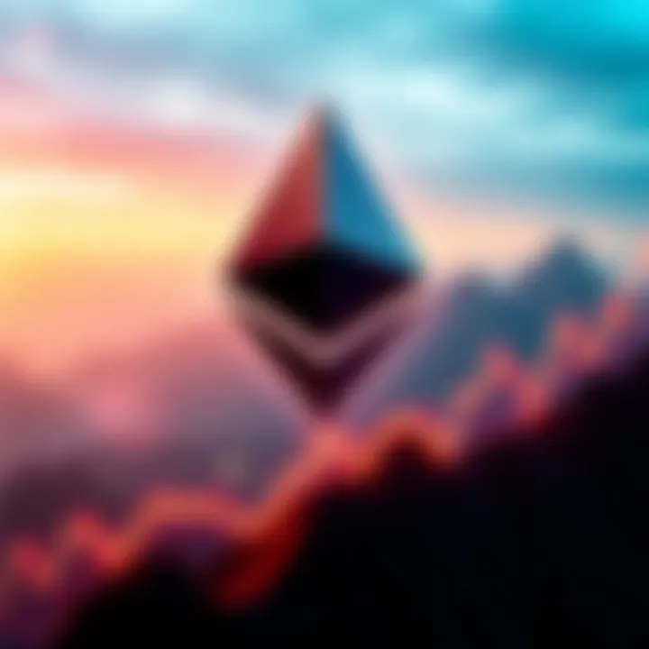 Illustration of the Ethereum logo with a rising stock market graph indicating growth, symbolizing investors' hopes for Ethereum to reach $5,000.