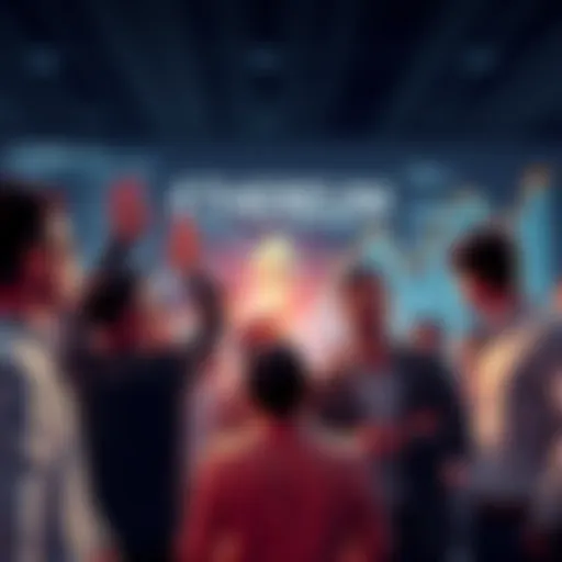 A group of investors excitedly discussing Ethereum and cryptocurrency trends, with charts in the background showing upward movement.