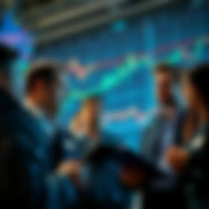 A group of traders looking at Ethereum charts with optimistic expressions, reflecting a positive attitude towards market trends.