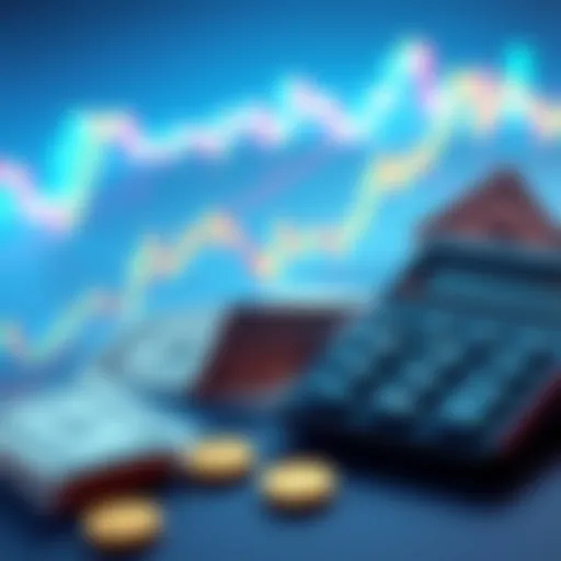 A line graph showing Ethereum's price decline with potential rebound signals, alongside dollar bills and a calculator symbolizing investment opportunities.