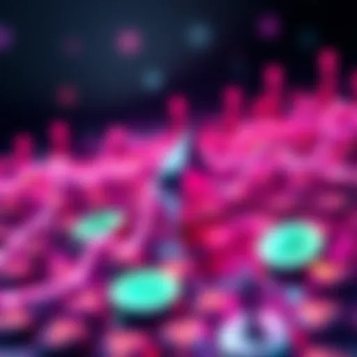 Graphic showing high transaction volume on Ethereum blockchain with digital currency symbols