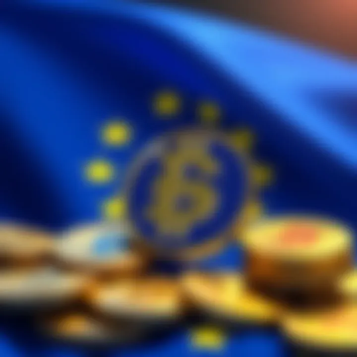 A digital representation of USD stablecoins with the European Union flag in the background, symbolizing new financial opportunities in Europe.