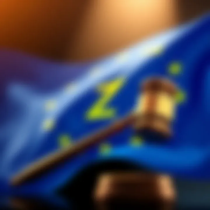 Illustration of the European Union flag with a graphic of the Zcash logo and a gavel representing legal action.