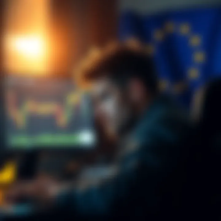 A frustrated person looking at their computer screen with a cryptocurrency trading chart and EU flag in the background