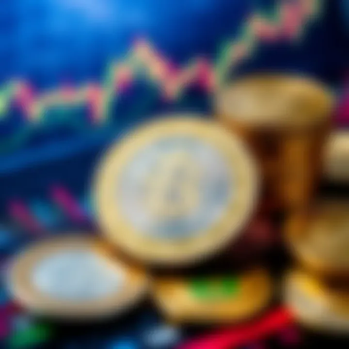 Close-up of Euro coins placed on a digital screen depicting cryptocurrency trends