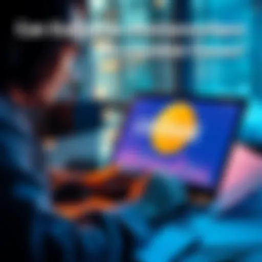 A European business person looking at a laptop with the Coinbase logo on the screen, surrounded by financial documents