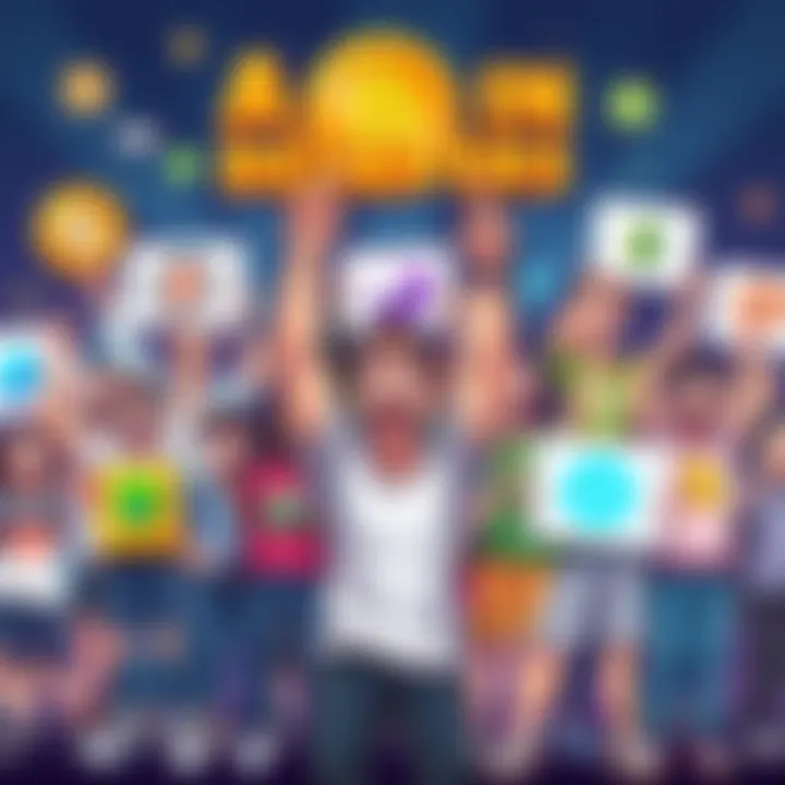 A group of enthusiastic people holding signs with different altcoin logos, cheering and celebrating their favorite cryptocurrencies, showcasing a humorous and lively atmosphere.