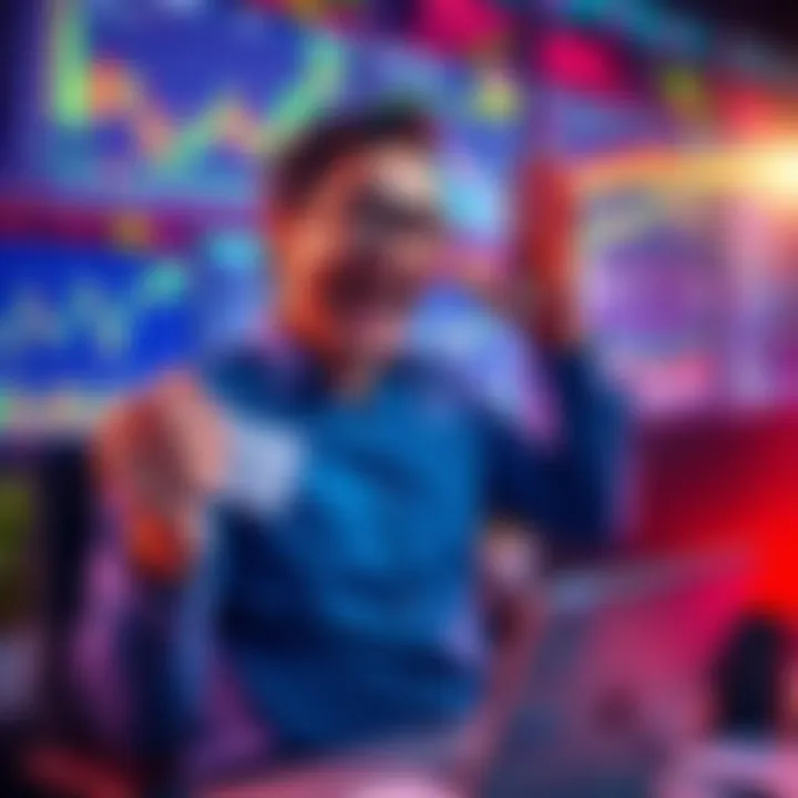 Excited Investor Making a Purchase Person joyfully buying stocks with a computer screen filled with financial graphs in the background